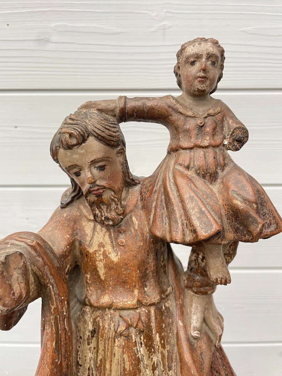 Saint Joseph et l'enfant Jésus sculpture bois polychrome XVIIIème 18ème École espagnole H.37cm -photo-4