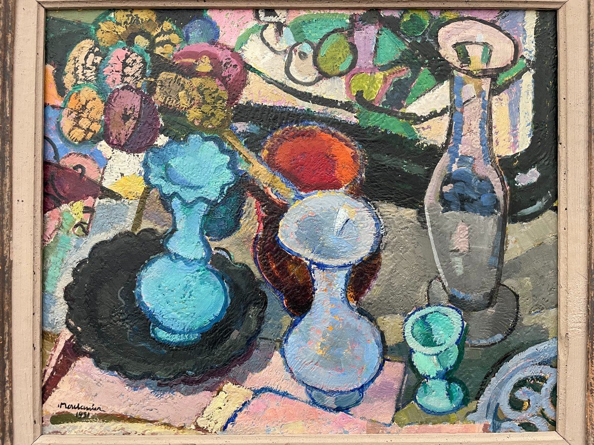 Francis Montanier (1895-1974) Still Life With Blue Vase 1951 Oil On Panel 8f Frame Mouth -photo-2