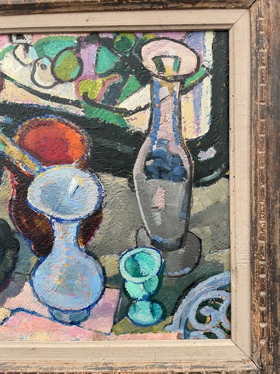 Francis Montanier (1895-1974) Still Life With Blue Vase 1951 Oil On Panel 8f Frame Mouth -photo-3