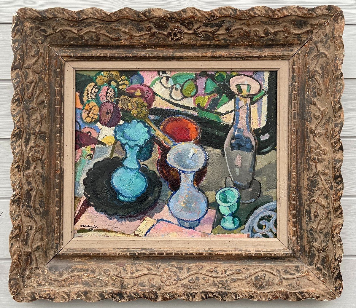 Francis Montanier (1895-1974) Still Life With Blue Vase 1951 Oil On Panel 8f Frame Mouth 