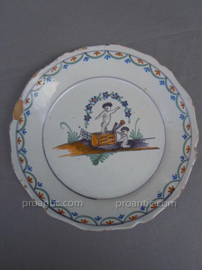 Faience Plate Nevers Eighteenth Century Putti Drum 18th Old Regime-photo-2