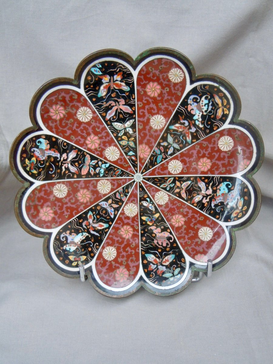 Japan - Meiji Period (1868 - 1912) Cloisonne Bronze Dish Polychrome Enamel Chrysanthemums And Butterflies-photo-5