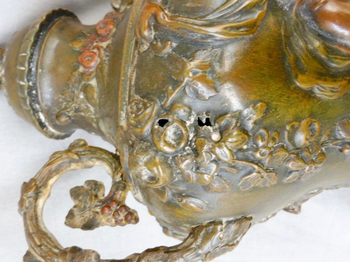 Pair Of Louis XVI Style Cassolettes In Regulates With Polychrome Patina Putti Angels Cherubs Angelo-photo-4