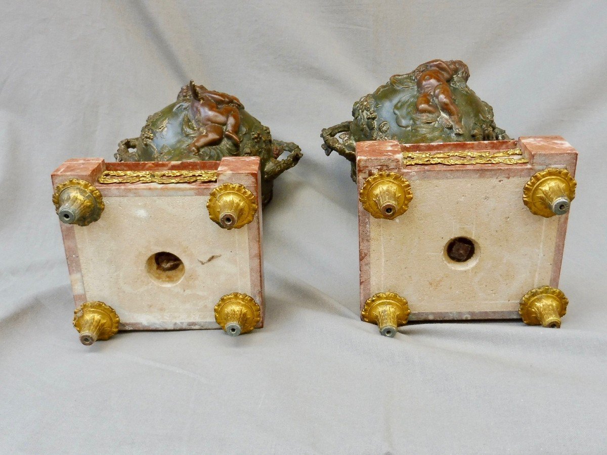 Pair Of Louis XVI Style Cassolettes In Regulates With Polychrome Patina Putti Angels Cherubs Angelo-photo-5