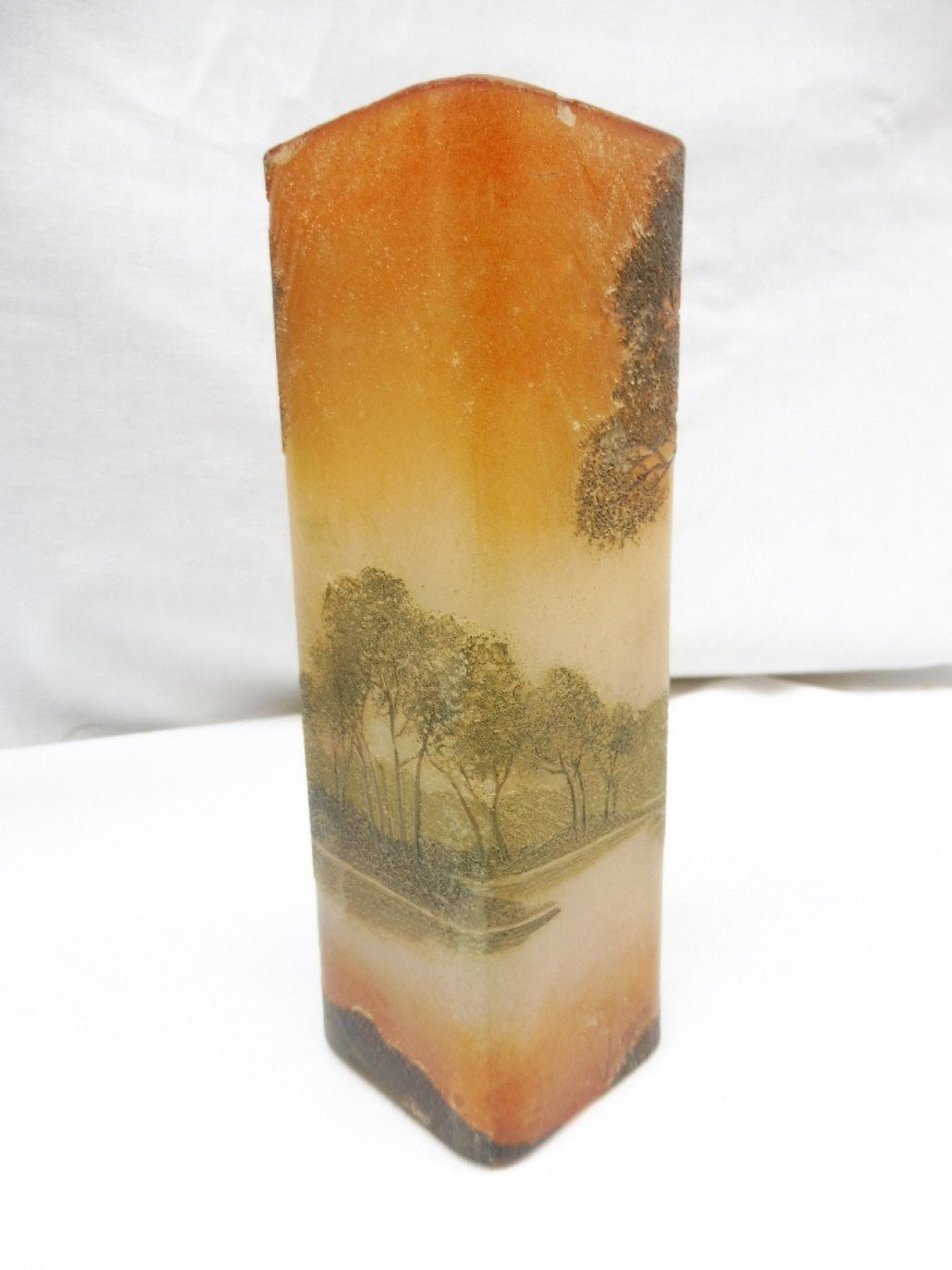 Legras Théodore Verrier Vase Marasquin Art Nouveau dégagé à l'Acide Paysage Lacustre Vosges Vosgien Pâte De Verre 17 cm  référencé au catalogue raisonné -photo-3