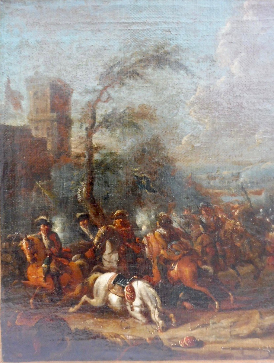 Jacques Courtois dit Le Bourguignon maitre de Joseph Parrocel (Saint-Hyppolite 1621 - Rome 1676) Choc de Cavalerie Scène de bataille  huile sur toile XVIIème  siècle 17ème Louis XIV-photo-2