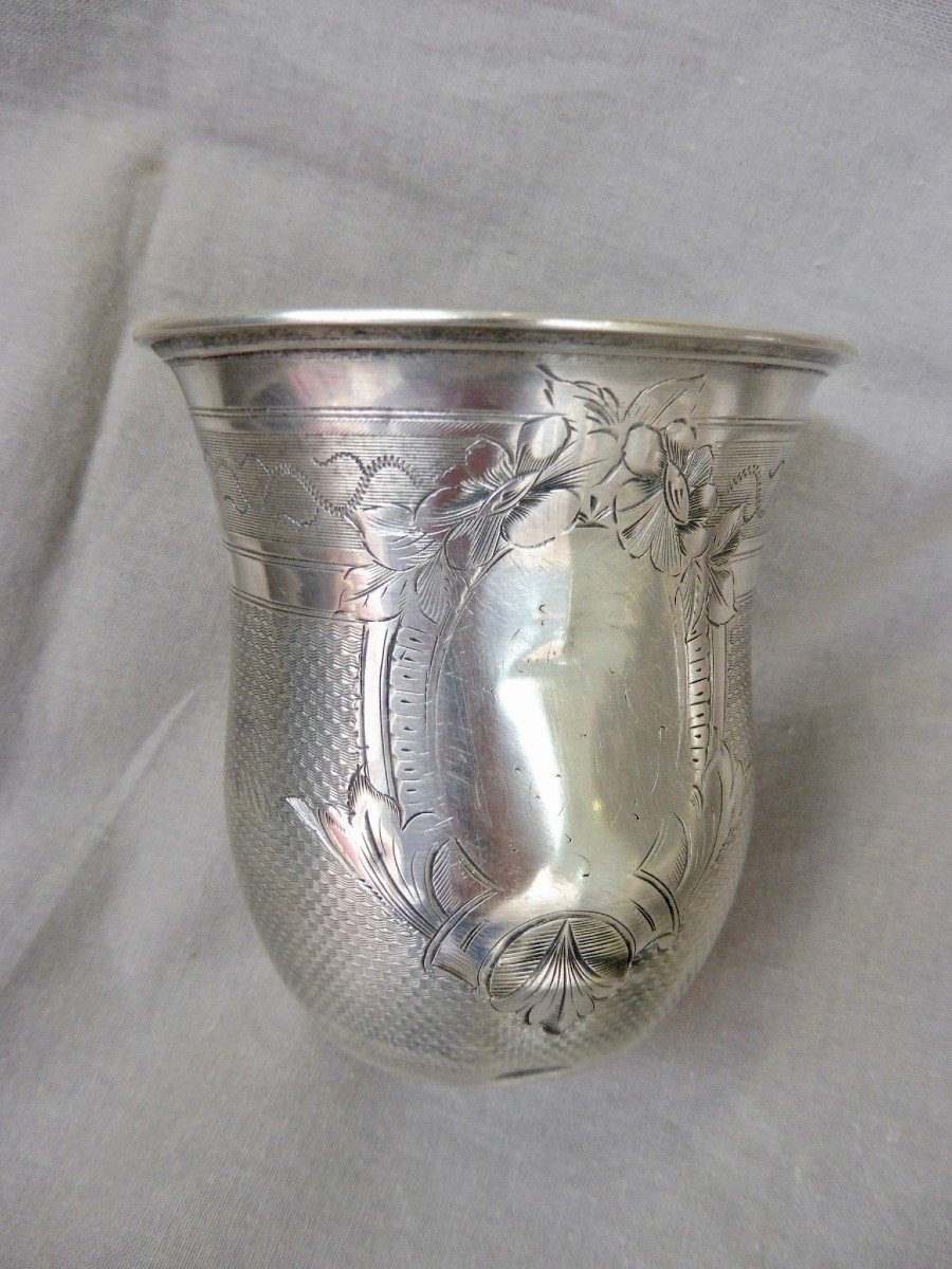 Timbale Gobelet De Baptême En Argent Massif  Guilloché 950/°° Poinçon Minerve premier titre Cartouche Vierge XIXème Napoléon III second Empire -photo-3