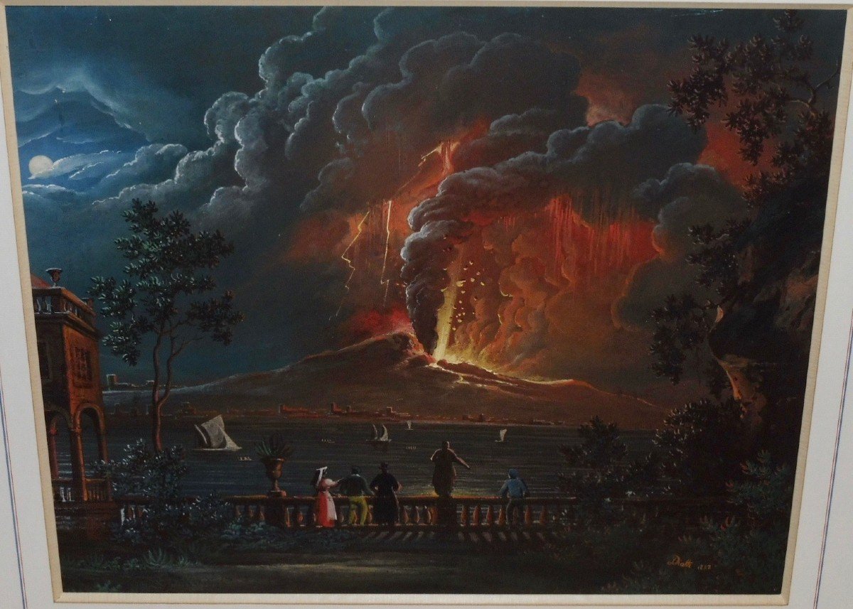 Giuseppe Diotti, XVIIIème XIXème (Casalmaggiore 1779 - Bergame 1846) Gouache Napolitaine éruption Nocturne du Vésuve Baie de Naples de nuit XIXème 37X45 cm Guazzo Eruzione notturna del Vesuvio Golfo di Napoli di notte daté signé 1832-photo-4