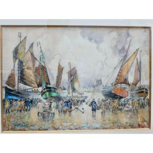 Frank Will 1900-1950 Or  Boggs Frank William Watercolor Port Of Barfleur Normandy 1930 Marine