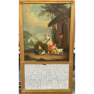 Trumeau Of Fireplace Romantic Period Circa 1840 Louis Philippe Young Woman And Girl In A Farm Feeding Animals 