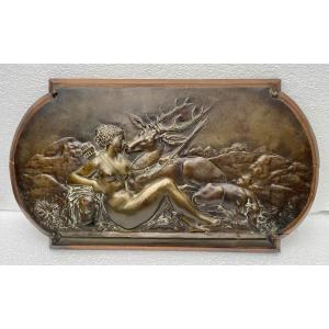 D'après Jean Goujon (1510-1567) plaque en bronze bas-relief Diane chasseresse et Actéon XIXème 