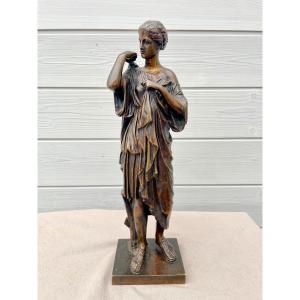 École française du XIXème d’après Praxitèle Diane de Gabies Bronze à l'Antique 31 cm 19ème 