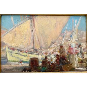 Jacques Marie Omer CAMOREYT 1871 XIX-XXème huile Marine bateaux à quai port Mer Méditerranée 