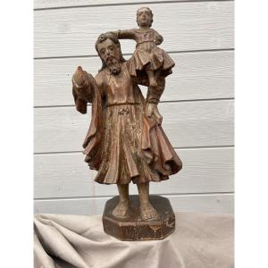 Saint Joseph And The Child Jesus Polychrome Wood Sculpture 18th-18th Century H.37cm 