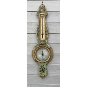 Castoldy l' Ainé Barometer Thermometer Wood Carved With Flowers On A Green Background 18th Century Louis XVI 