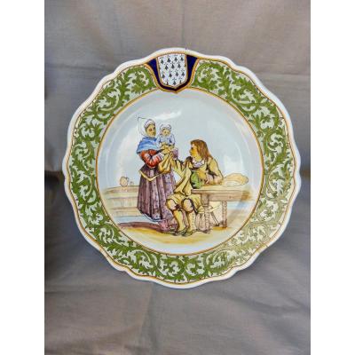 Porquier Beau  Quimper XIXème Assiette Faïence Polychrome Paludiers De Saillé 19ème 23,7cm