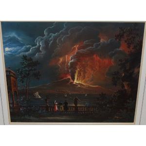 Giuseppe Diotti, (casalmaggiore 1779 - Bergamo 1846) Gouache Nocturnal Eruption Of Vesuvius Nineteenth Century 