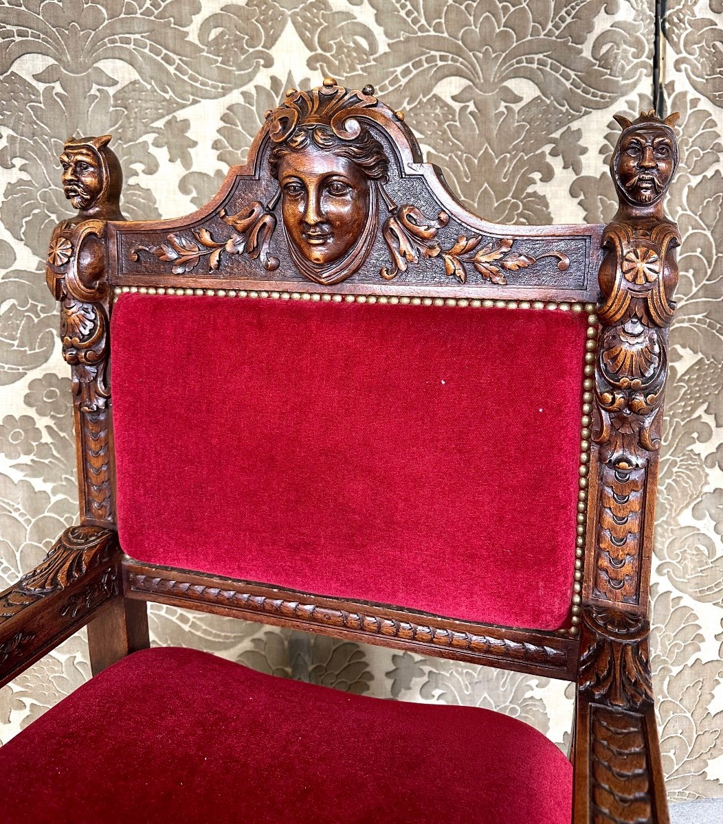 Ceremonial Armchair In Walnut Renaissance Style Late 19th Century-photo-2