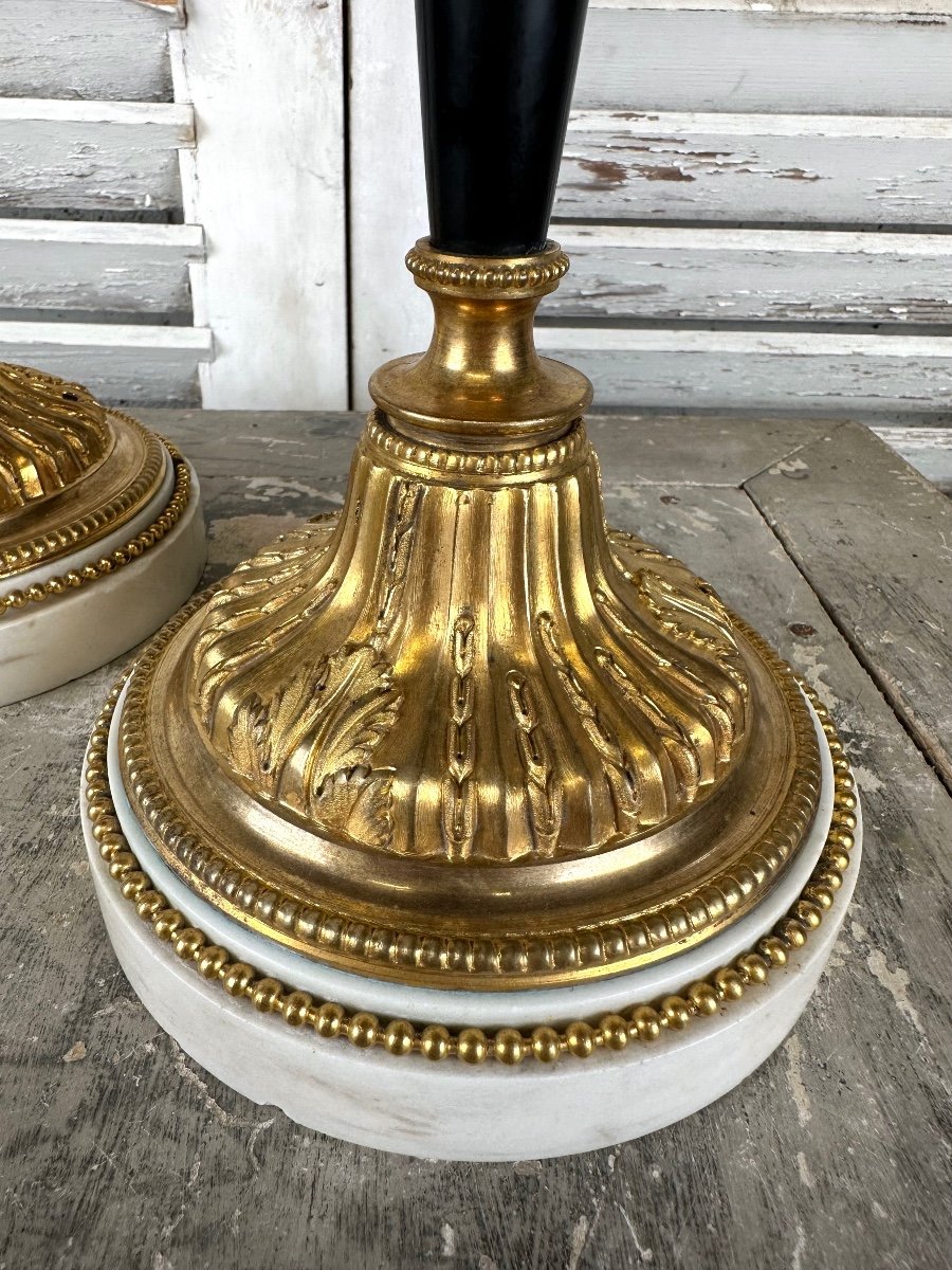 Pair Of Louis XVI Style Candlesticks In Gilt And Patinated Bronze-photo-4