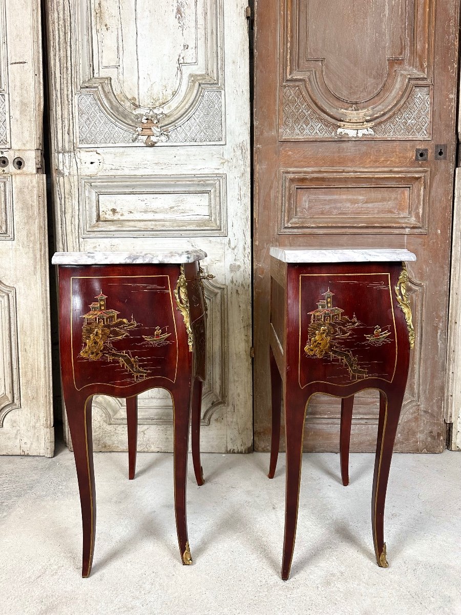 Pair Of Louis XV Red Lacquer Bedside Tables 1970s Period-photo-5