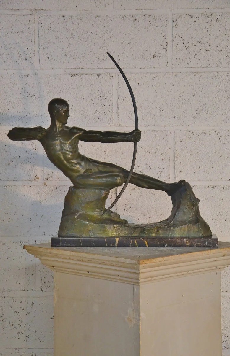 Sculpture En Bronze Art Déco Victor Demanet (1895-1964) « Archer »-photo-2