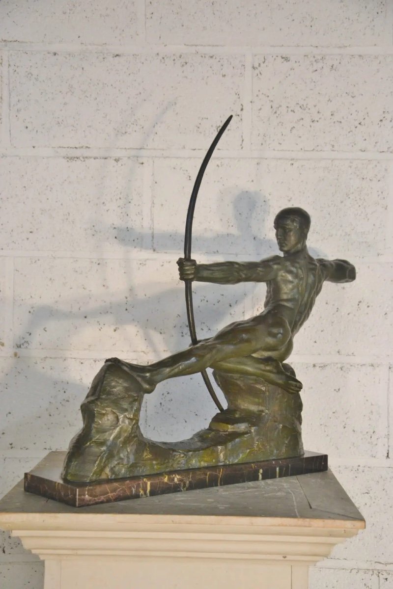 Sculpture En Bronze Art Déco Victor Demanet (1895-1964) « Archer »-photo-3