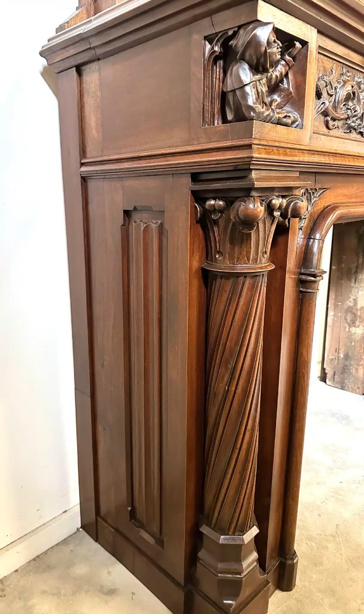 Cheminée De Style Gothique En Noyer Fin XIXème Siècle-photo-2