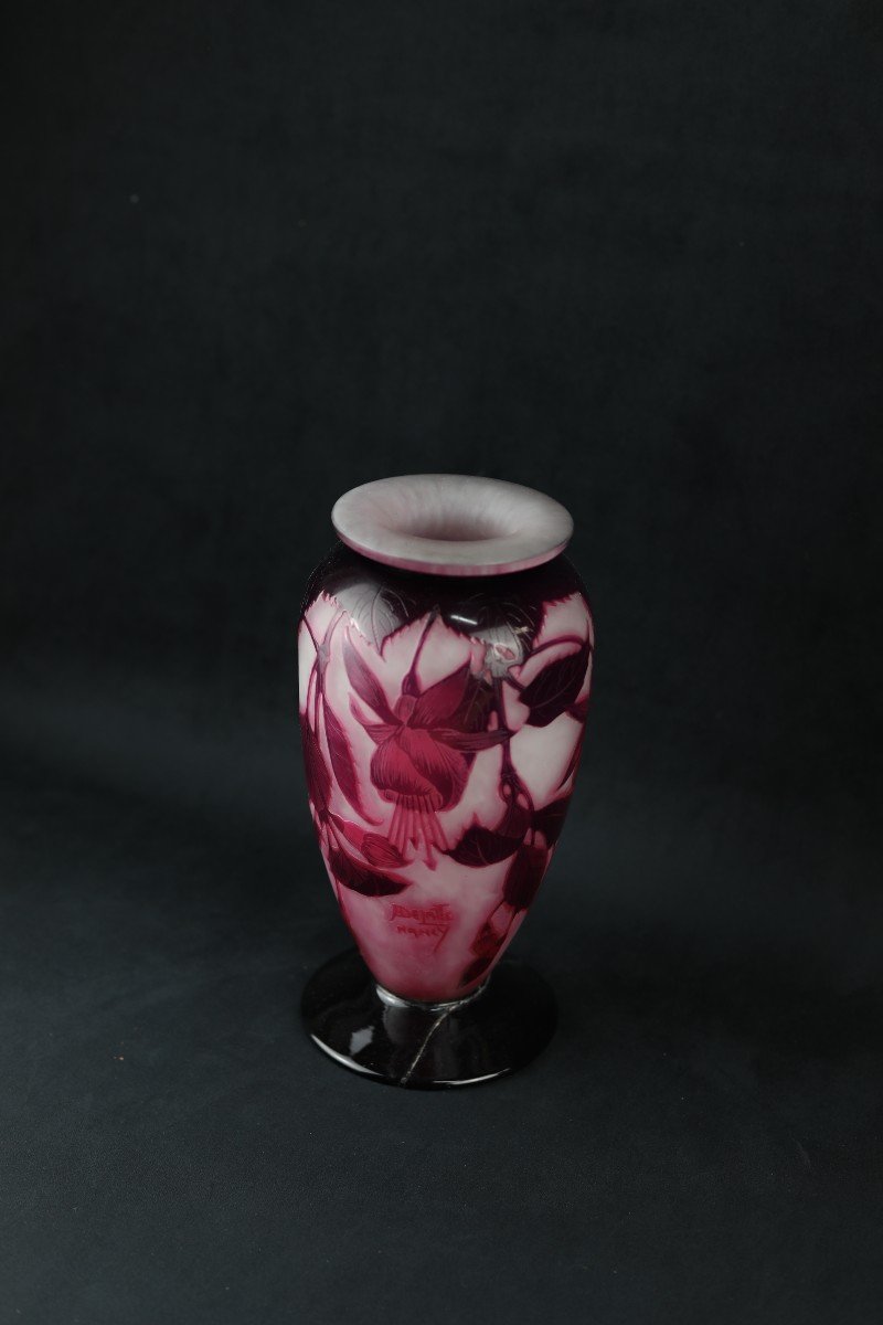 Multilayer Glass Vase By André Delatte With Fuchsia Flowers Design, Art Nouveau, 1920, Nancy-photo-2