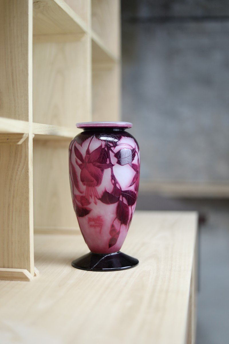 Multilayer Glass Vase By André Delatte With Fuchsia Flowers Design, Art Nouveau, 1920, Nancy-photo-4