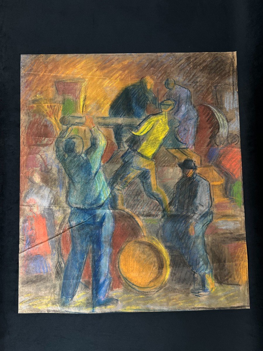 Large Painting In Dry Chalk, In The Style Of Casimir Reymond, Men At Work, 20th Century-photo-2