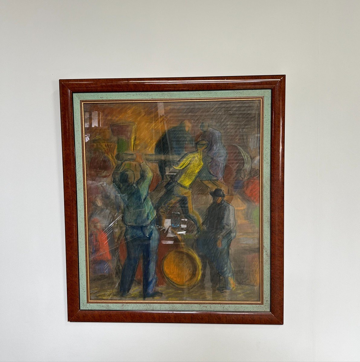 Large Painting In Dry Chalk, In The Style Of Casimir Reymond, Men At Work, 20th Century