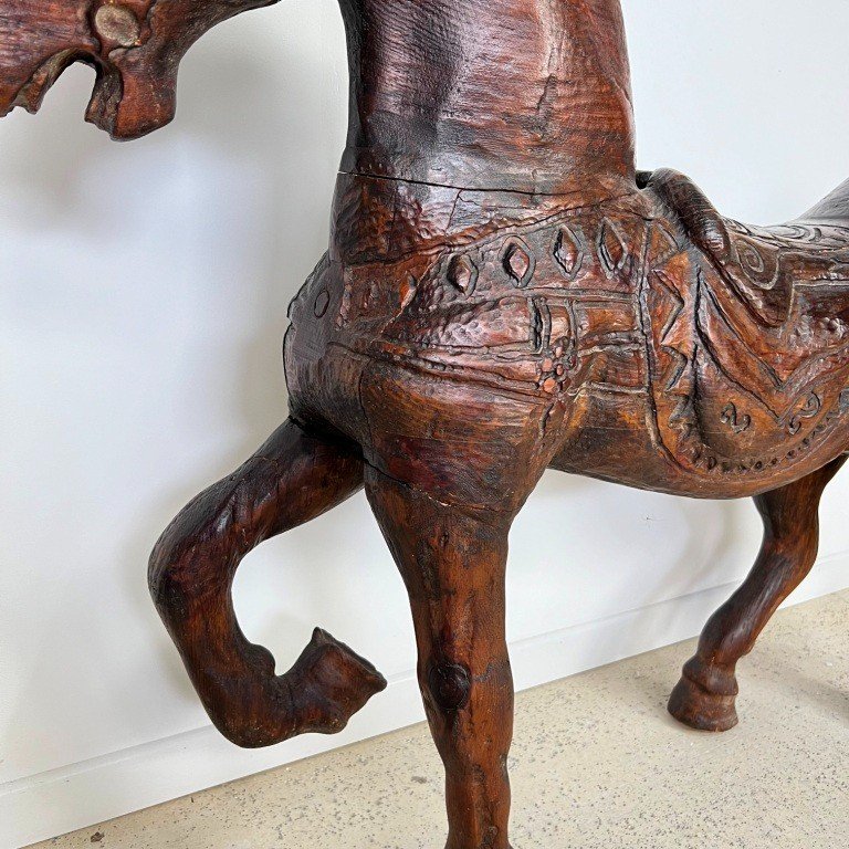 Ancienne Sculpture Equestre Cheval En Bois-photo-2