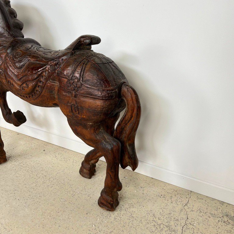 Ancienne Sculpture Equestre Cheval En Bois-photo-3