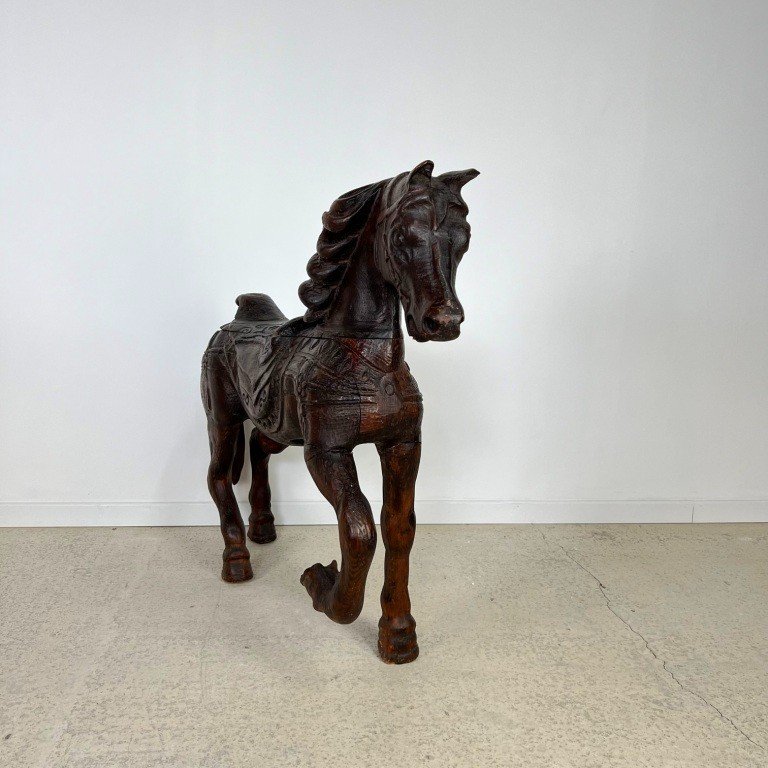 Ancienne Sculpture Equestre Cheval En Bois-photo-6