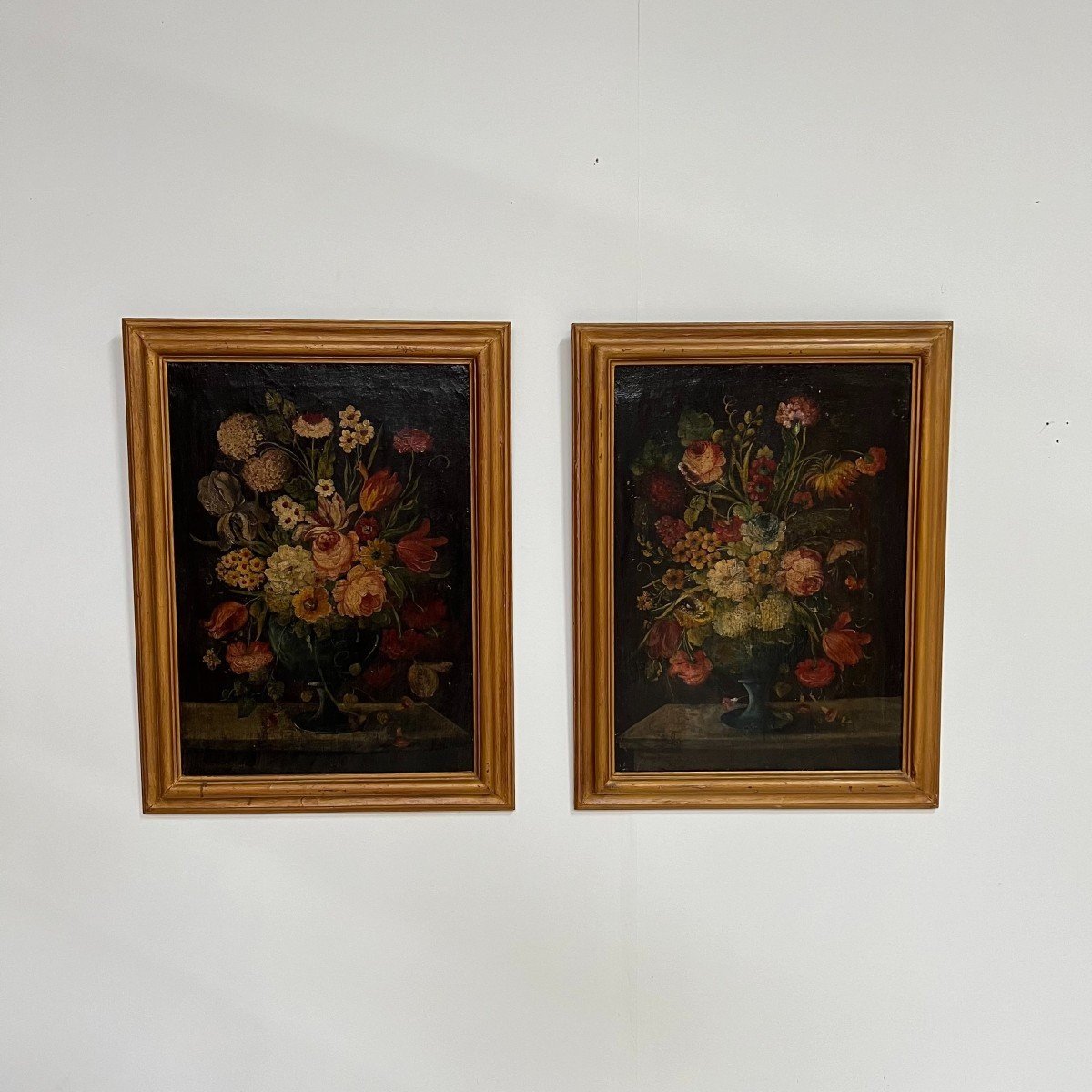 Tableau, Huile Sur Toile, Paire De Grandes Natures Mortes Fleurs XVIIIe Siècle