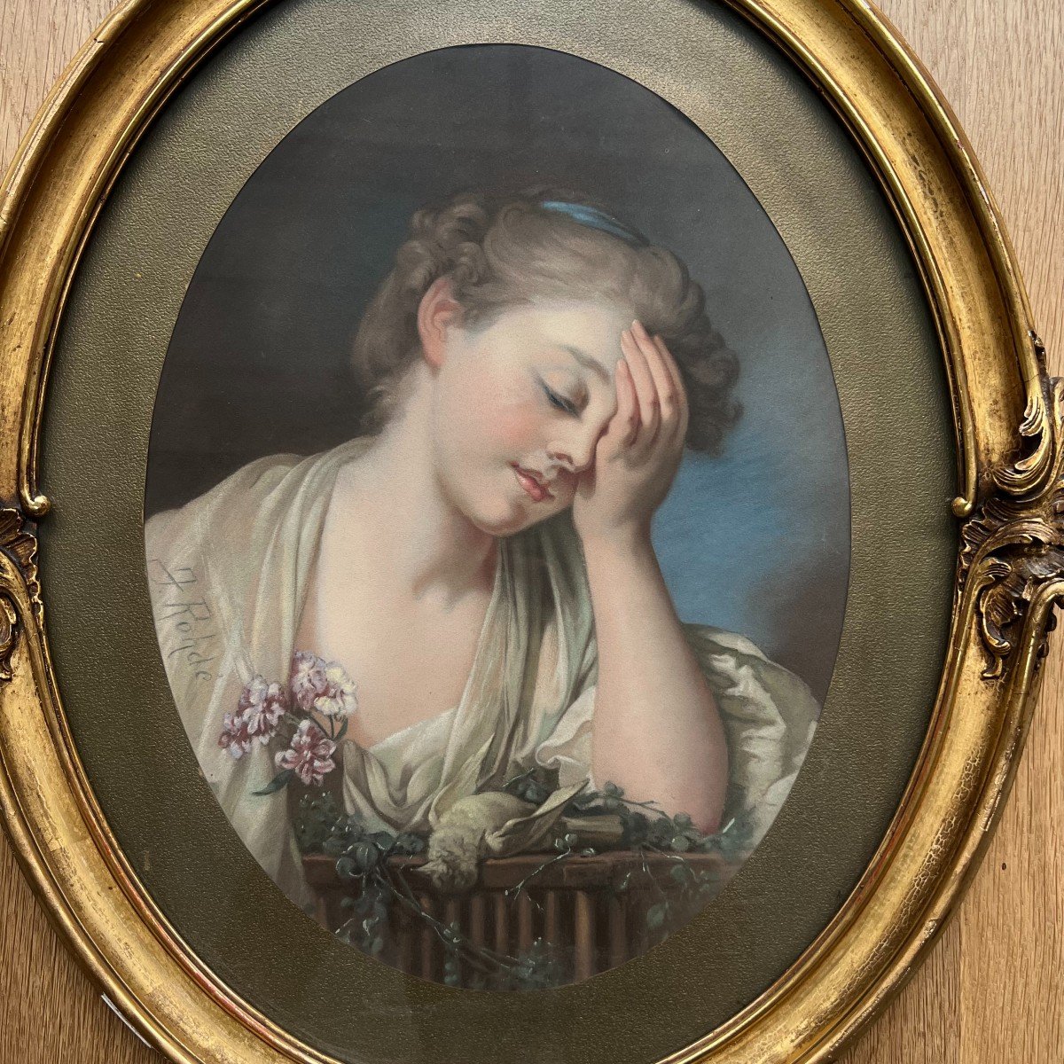 Large Pastel, Painting By J. Rohdé France 19th Century Greuze Young Girl Mourning Her Dead Bird-photo-4