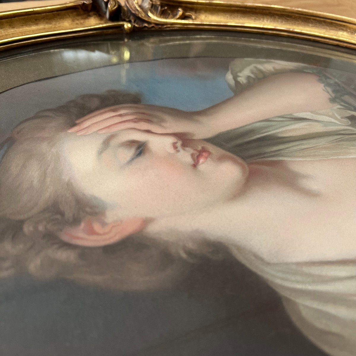 Large Pastel, Painting By J. Rohdé France 19th Century Greuze Young Girl Mourning Her Dead Bird-photo-1