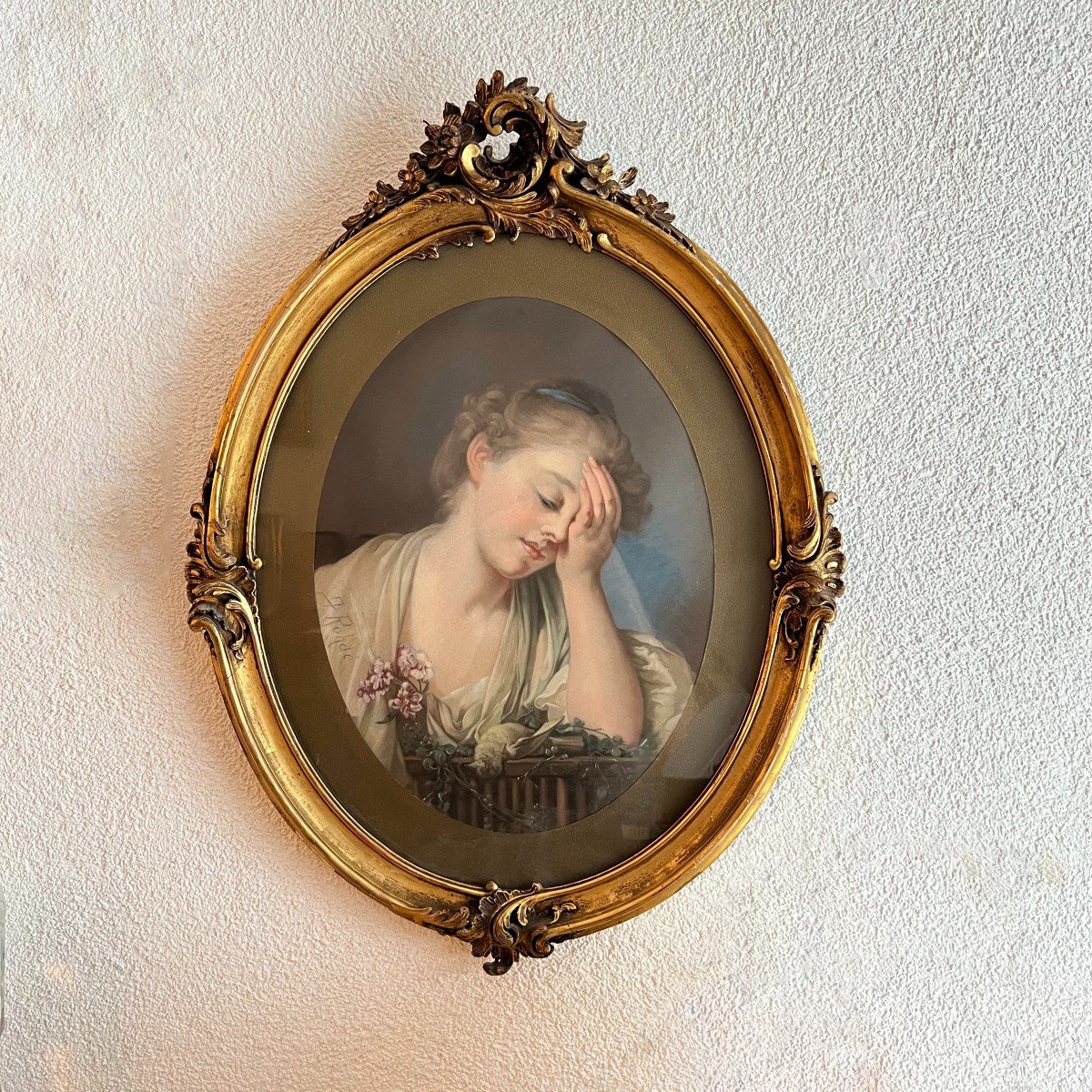 Large Pastel, Painting By J. Rohdé France 19th Century Greuze Young Girl Mourning Her Dead Bird