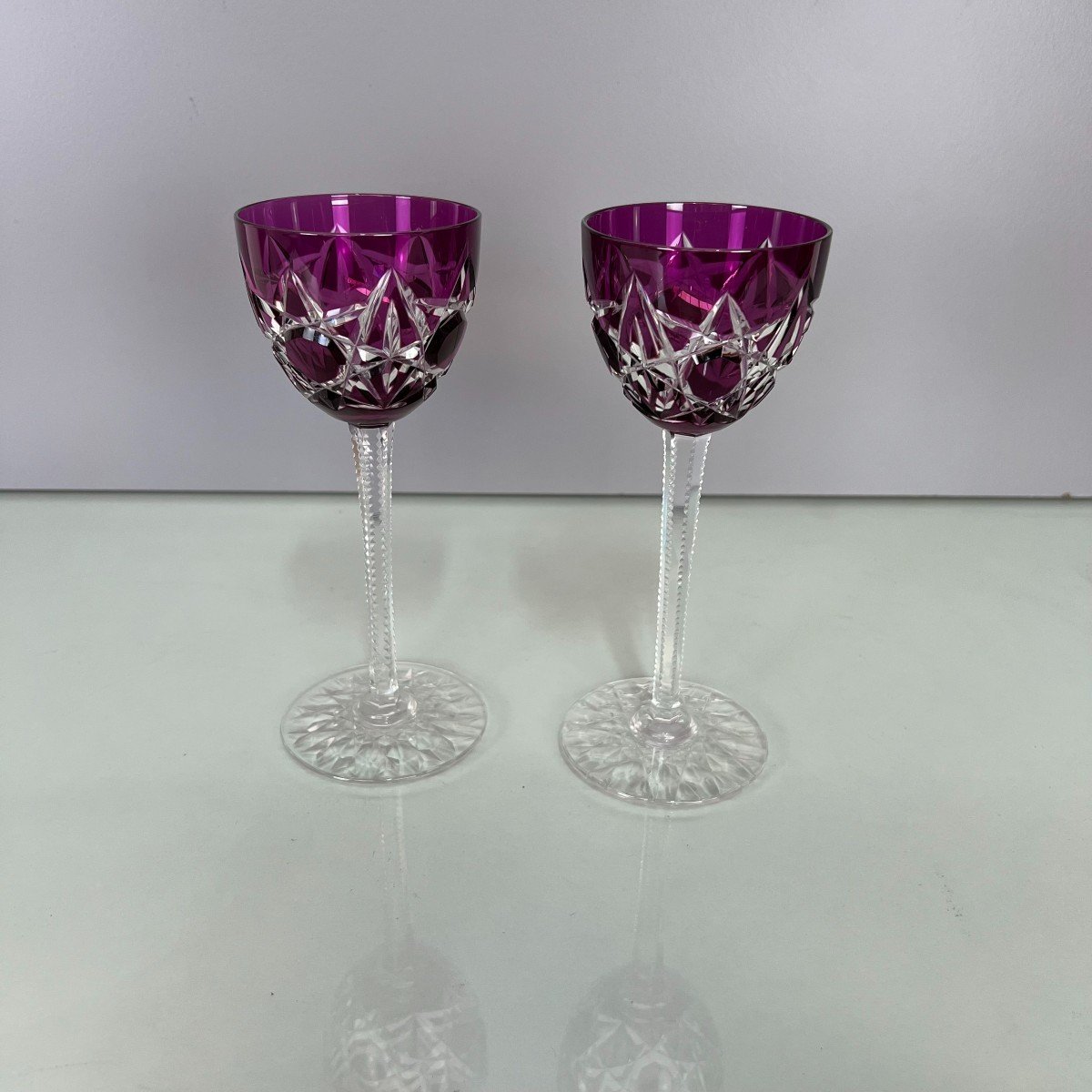 2 Rhine Wine Glasses Roemer Cut Crystal Baccarat Lagny France Art Deco H19 Cm-photo-2