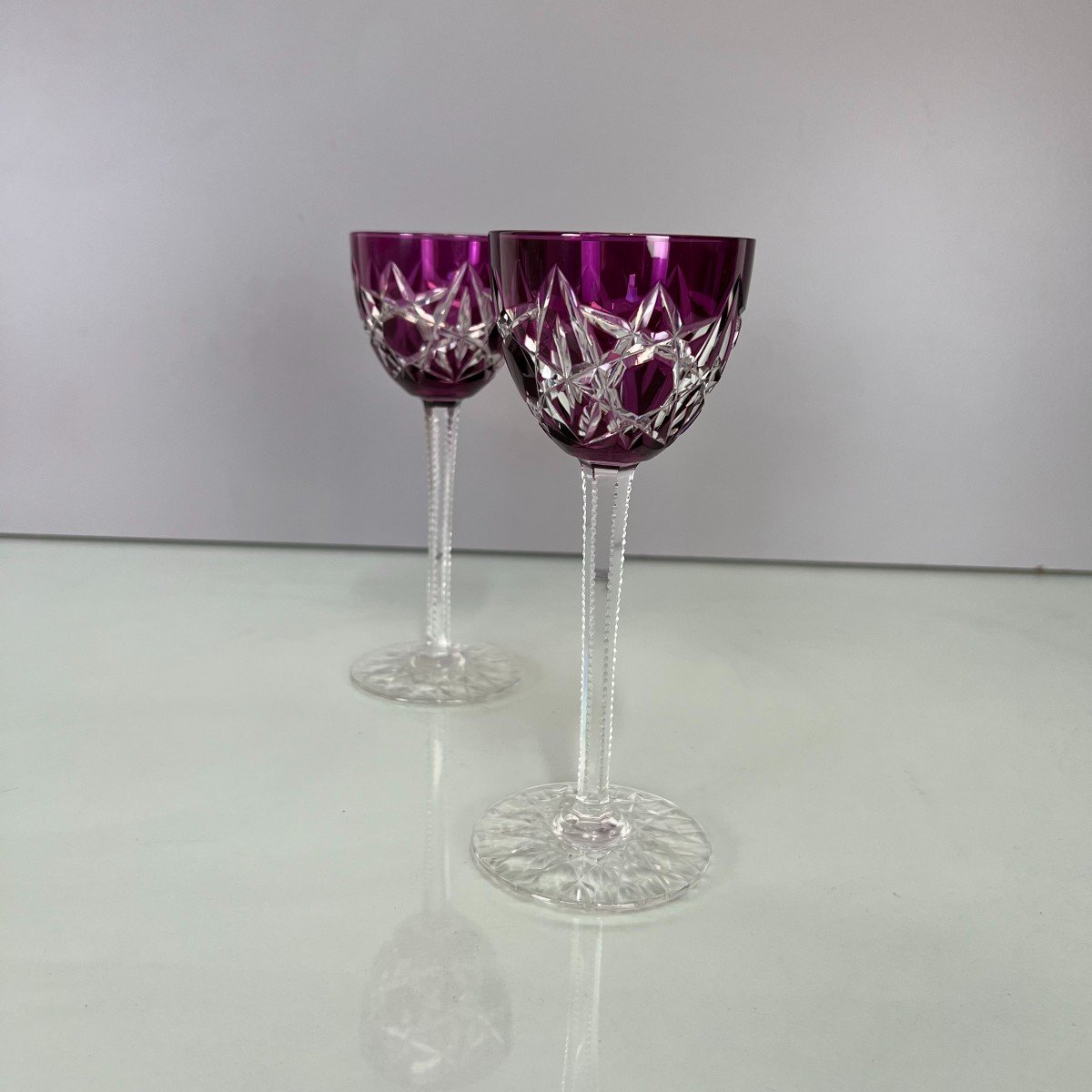 2 Rhine Wine Glasses Roemer Cut Crystal Baccarat Lagny France Art Deco H19 Cm-photo-3