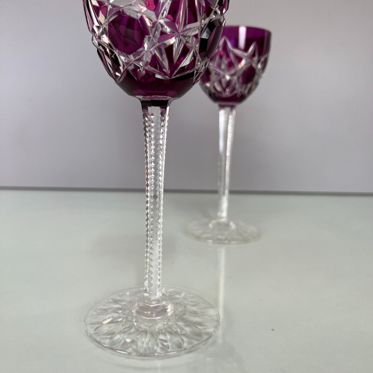 2 Rhine Wine Glasses Roemer Cut Crystal Baccarat Lagny France Art Deco H19 Cm-photo-2