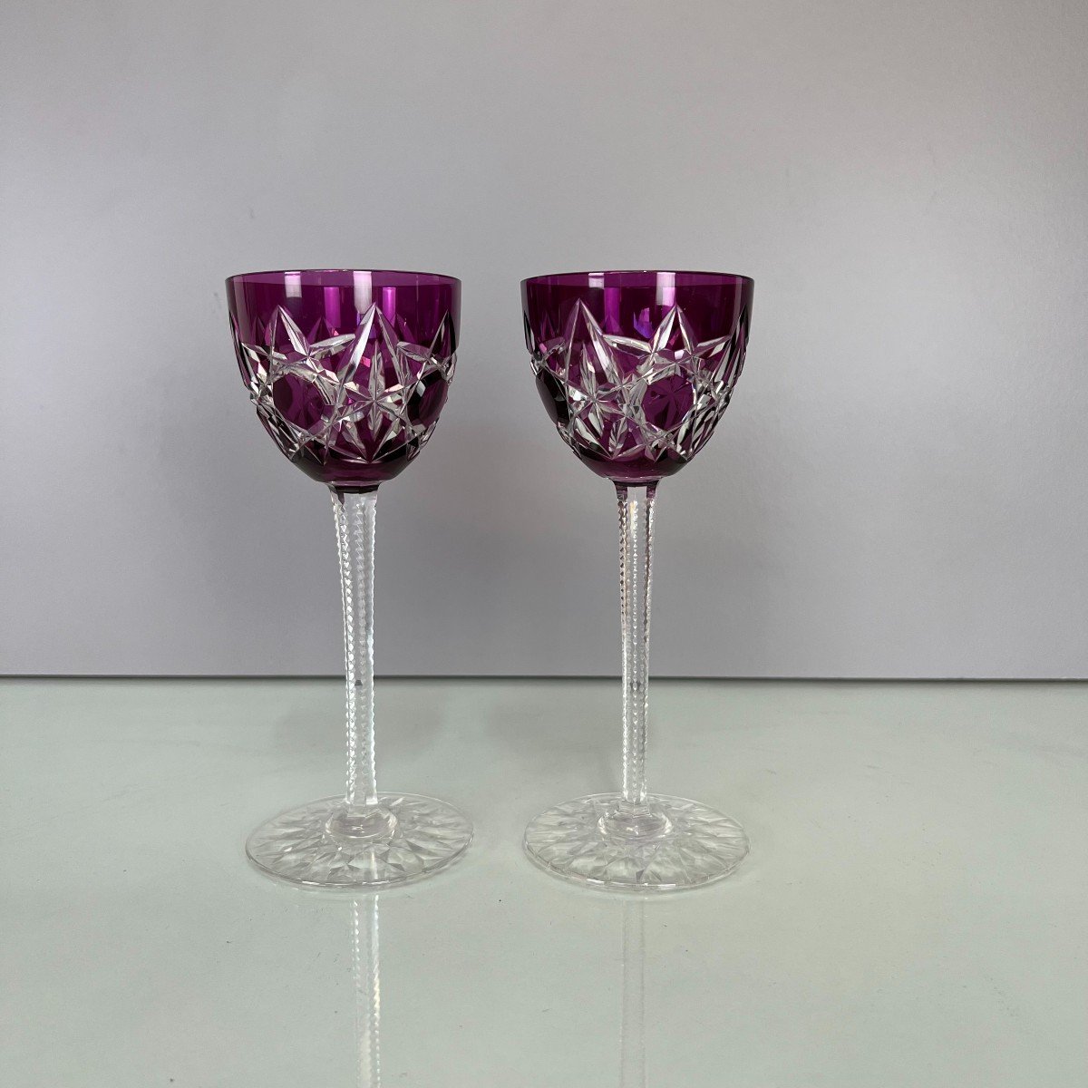 2 Rhine Wine Glasses Roemer Cut Crystal Baccarat Lagny France Art Deco H19 Cm