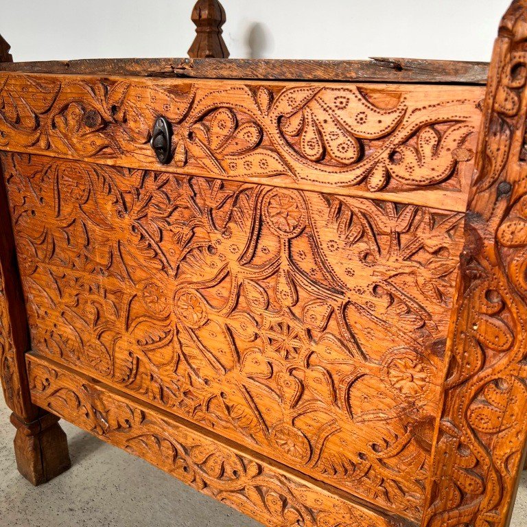 Antique Afghan Panshir Chest Carved Wooden Wedding Furniture 19th Century -photo-3