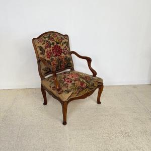 French Régence - Armchair 18th Century In Beech Wood, Needlepoint Upholstery 