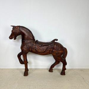 Ancienne Sculpture Equestre Cheval En Bois