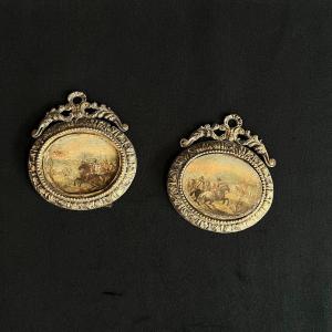 2 Huiles Sur Cuivre Avec Cadres En Bronze, Miniatures Médaillons Ovales XIXe