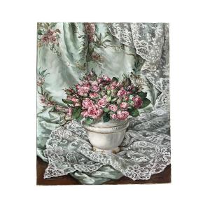 Oil On Canvas Painting By Louise Cottin (1907-1974) Bouquet Of Flowers