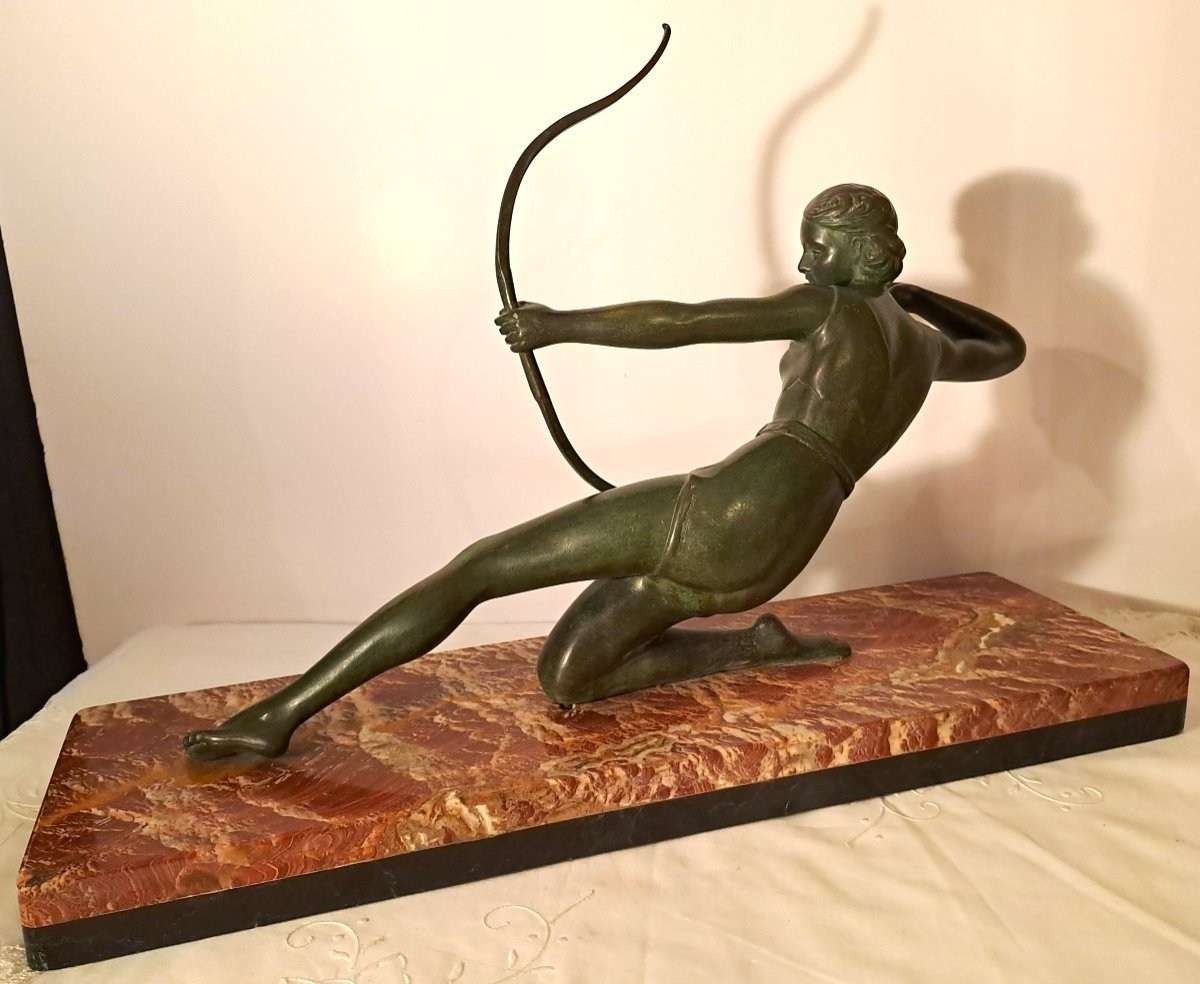 Salvatore Melani (1902-1934), "woman Shooting An Arc", Bronze Sculpture And Marble Terrace-photo-2