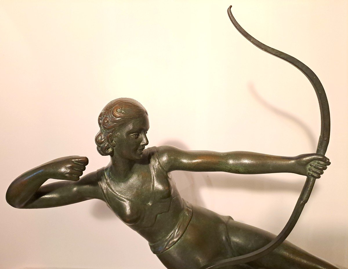 Salvatore Melani (1902-1934), "woman Shooting An Arc", Bronze Sculpture And Marble Terrace-photo-1