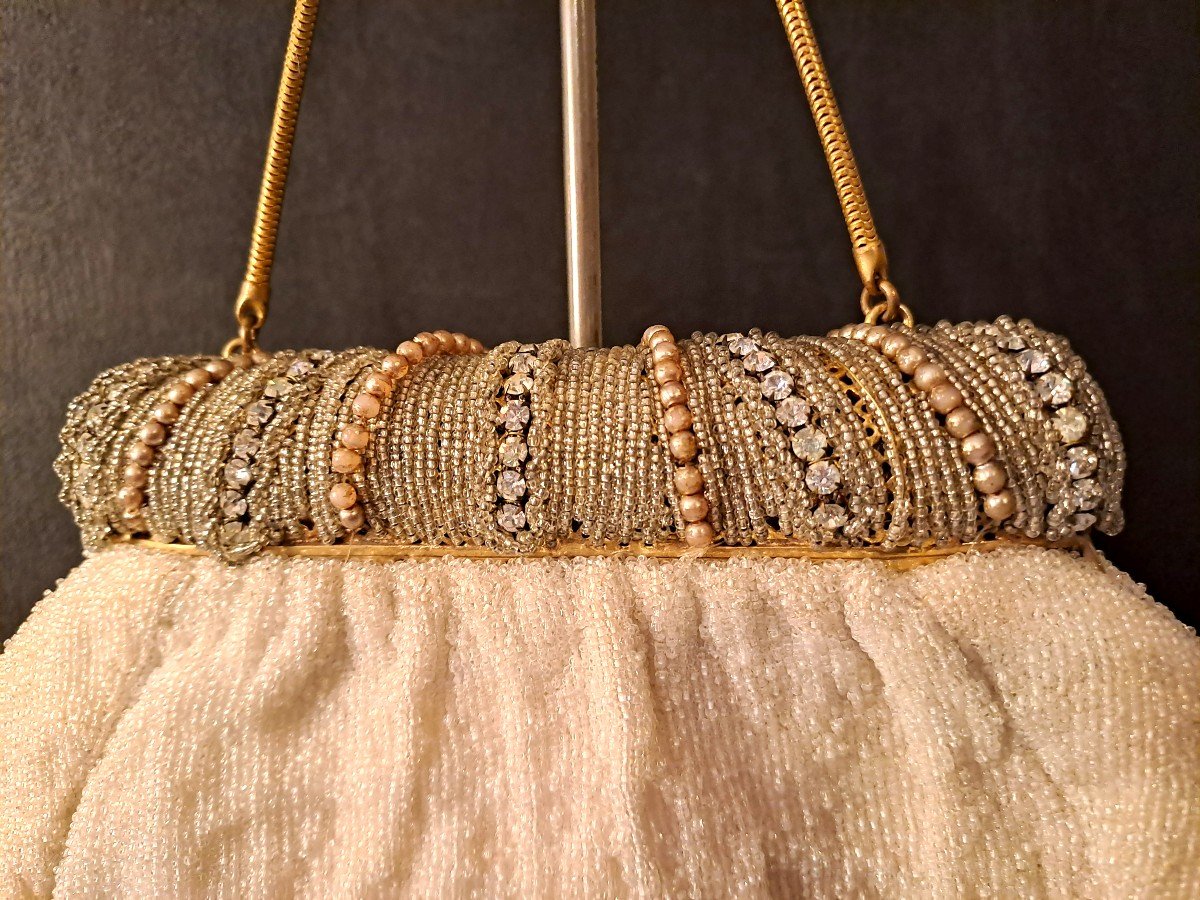 Aumonière ou Sac à Main de Soirée en Perles et Strass, Style Art Déco-photo-1